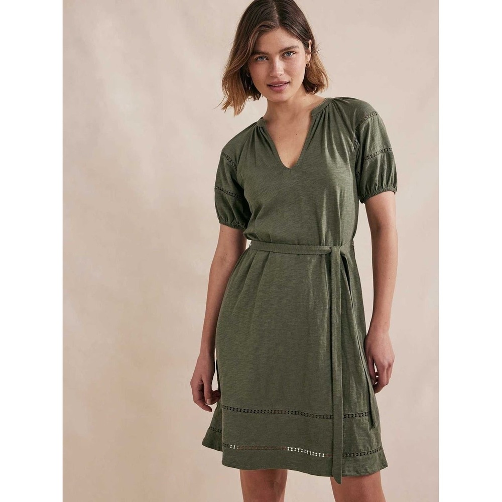 Boden 6 100%‎ Cotton Green Eyelet Belted Mini Dress Puff Short Sleeve Casual